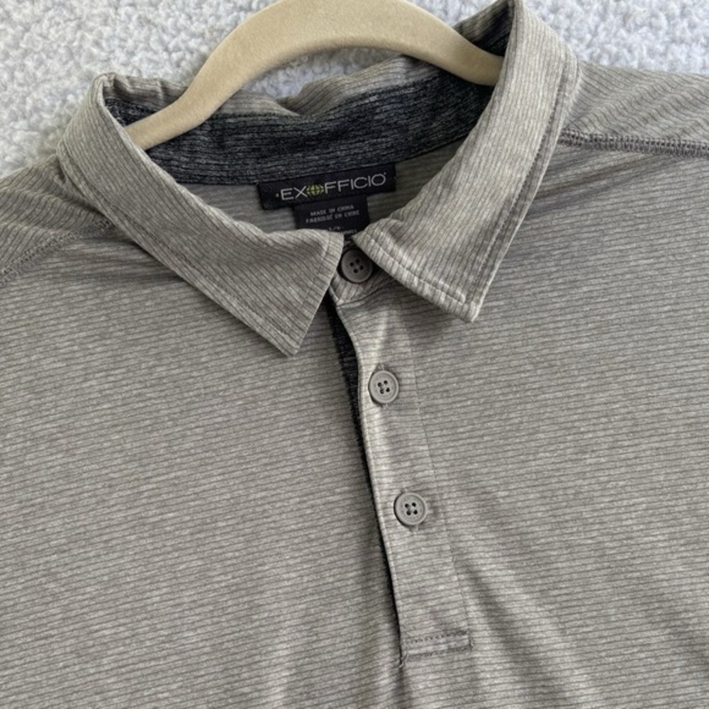ExOfficio Men's Large Sol Cool Performance Polo Shirt Gray Stripes Outdoor Fish